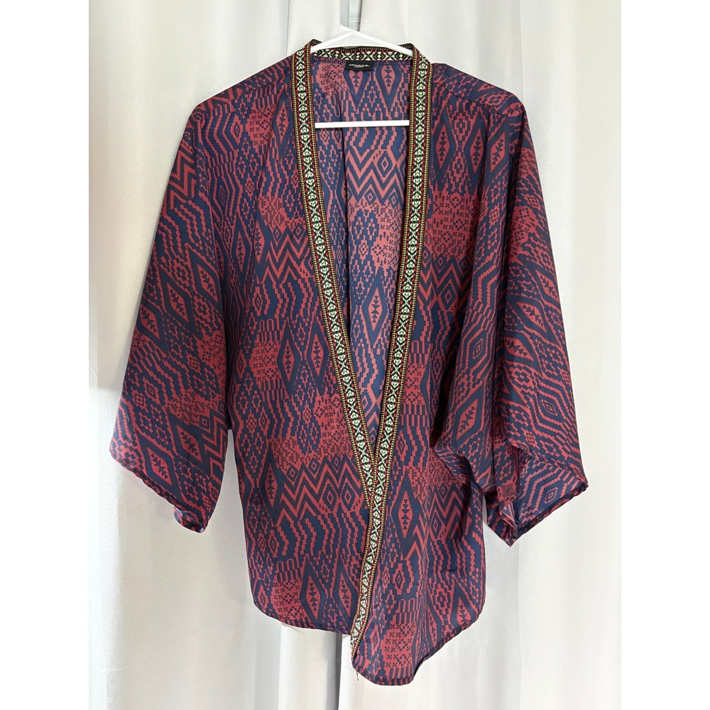 Aggie Kimono Burgundy Navy Geometric Tribal Print Open Front Small WC0034